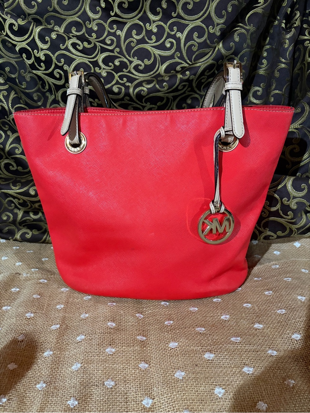 Michael Kors Red Tote with Cream Contrast Handles